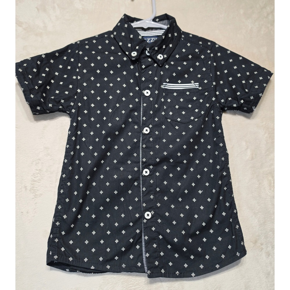SEZZIT Kids Boys Black Geometric Diamond Print Short Sleeve Button Down 5-6